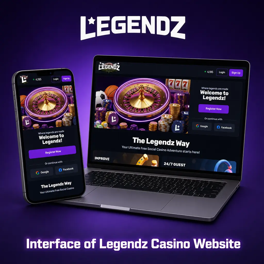 Legendz Casino website dashboard showing dark theme, top navigation menu, and Gold Coins and Sweeps Coins balance tracker