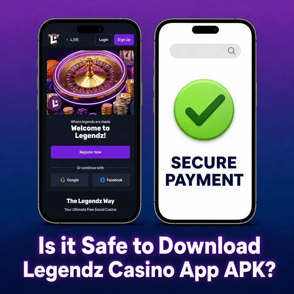 Legendz Casino APK download safety showing SSL encryption and secure sweepstakes compliance across 47 US states