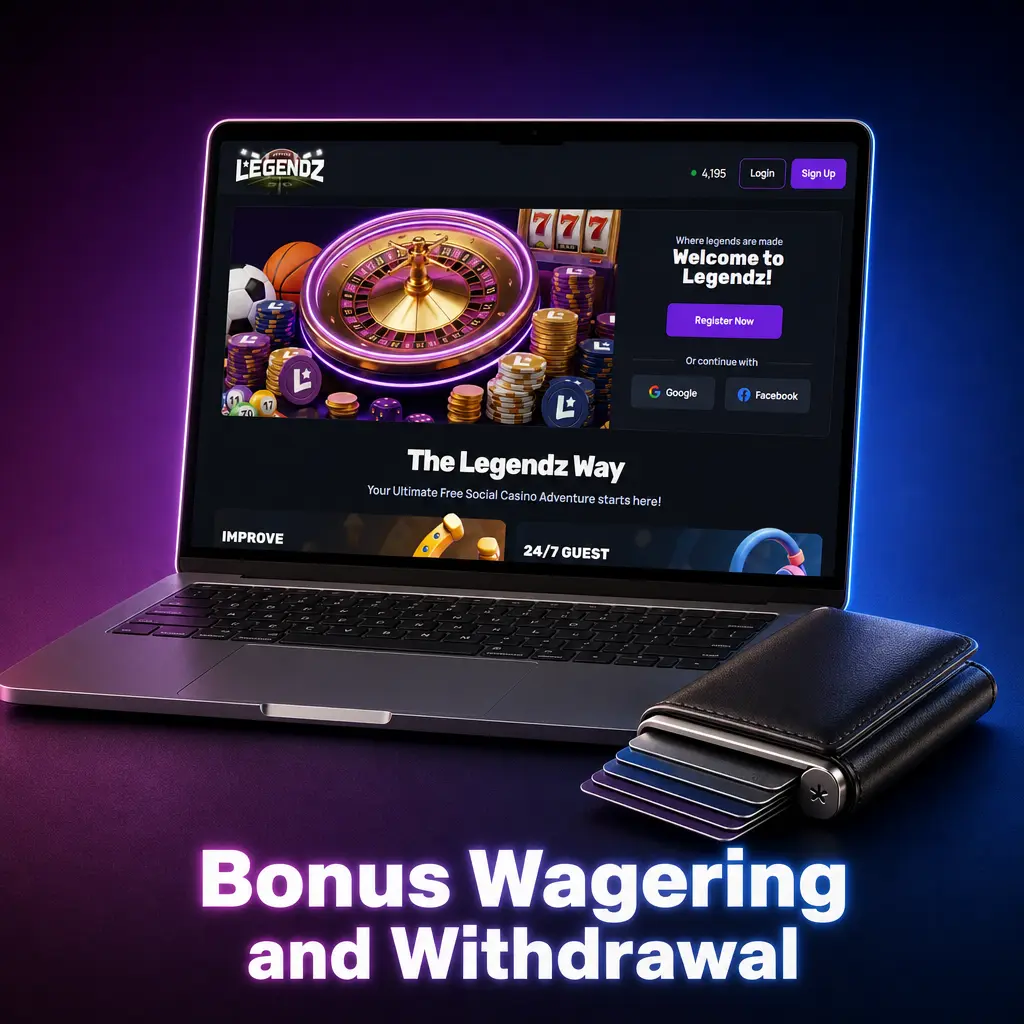 Legendz Casino bonus wagering rules: 1x playthrough, 50 SC minimum, KYC required for fast bonus withdrawal processing.