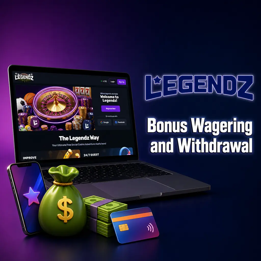 Legendz Casino bonus wagering requirements and Sweeps Coins withdrawal process, including KYC and redemption thresholds