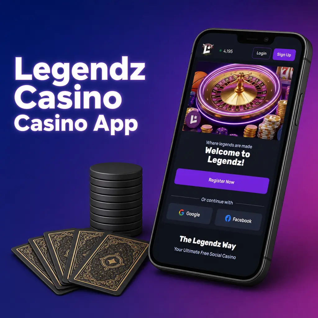 Legendz Casino app screen showing slots, live dealer blackjack, roulette, baccarat, and weekly casino promotions.