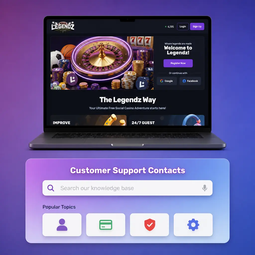 Legendz Casino customer support contacts: live chat, email, help center, and social media for deposit and account help.