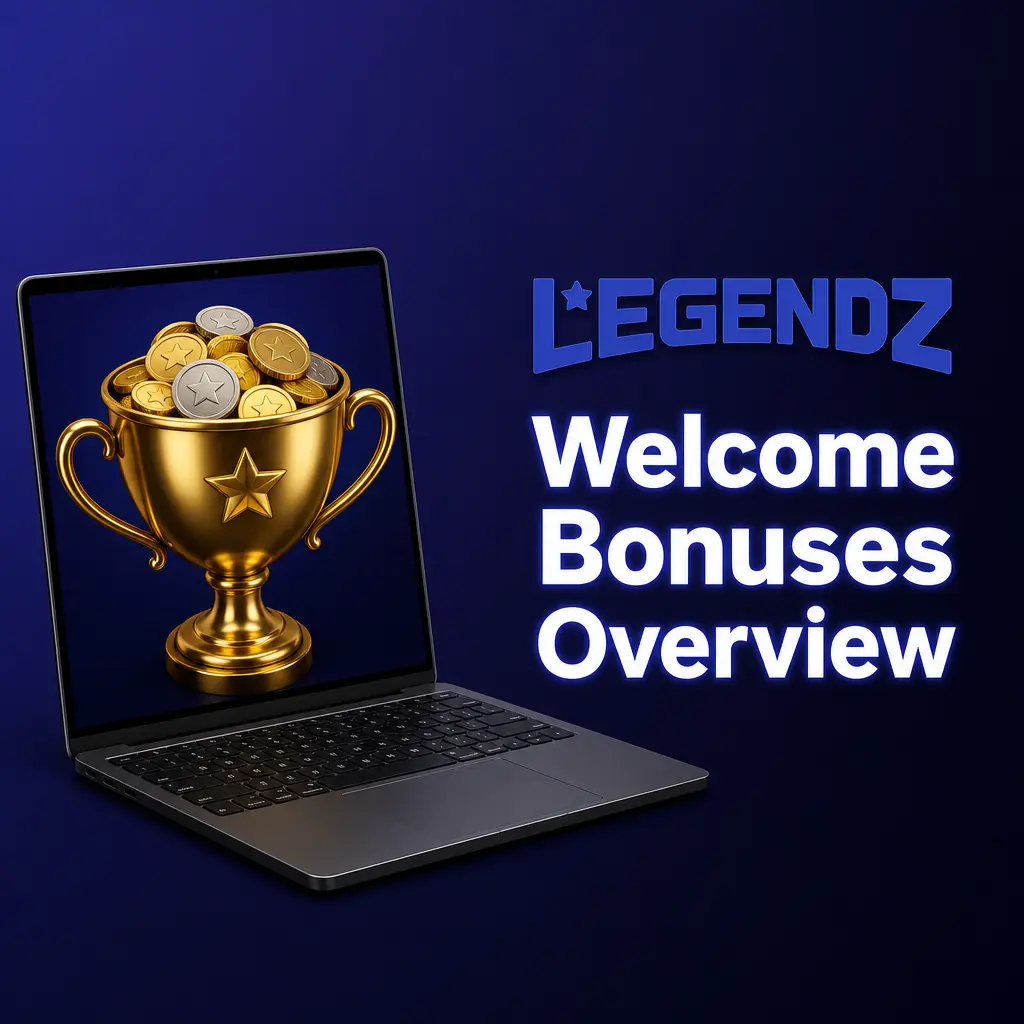 Legendz Casino welcome bonuses: no-deposit registration package plus first deposit match bonus with GC and SC rewards