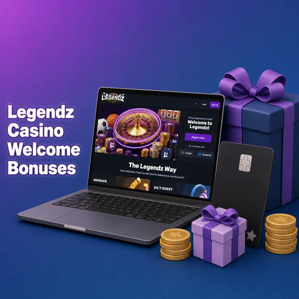 Legendz Casino welcome bonuses: 500 GC + 3 SC registration package plus 100% first purchase match bonus offer.