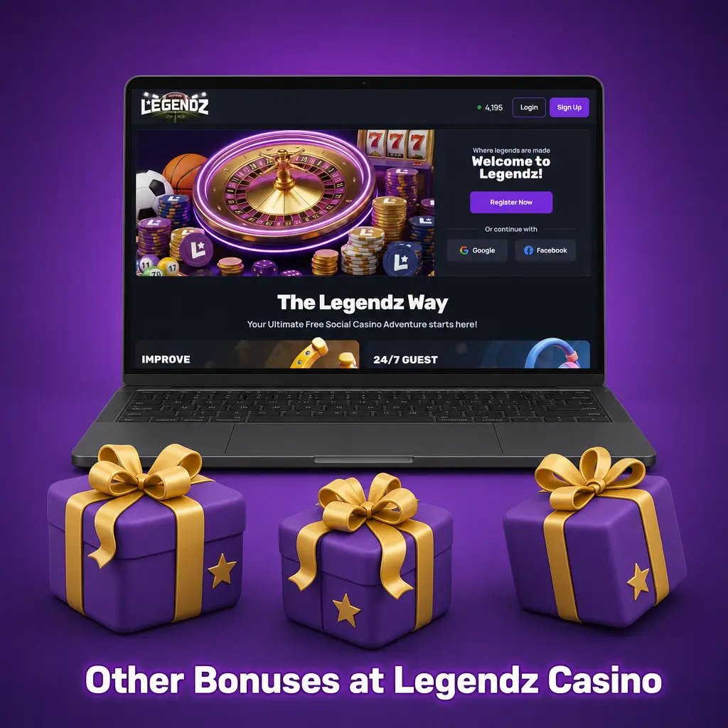 Overview of Legendz Casino's ongoing bonuses: daily Gold Coins, first-purchase SC bonus, referral rewards, and free mail-in AMOE Sweeps Coins.