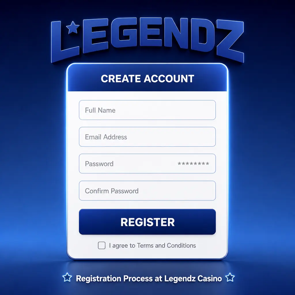 Step-by-step registration guide for Legendz Casino showing how to sign up and claim 500 GC plus 3 SC bonus.