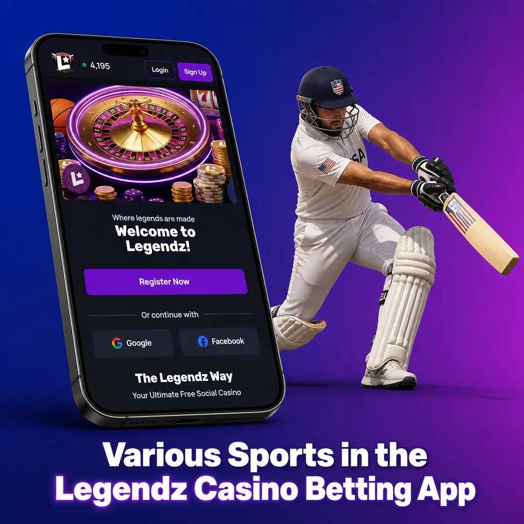 Sports betting menu in the Legendz Casino app showing NFL, NBA, MLB, NHL, soccer, tennis, UFC, and esports options.